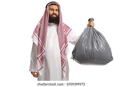 Young Saudi Arab Man Holding A Plastic Waste Bag Isolated On White Background