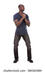 Young Scared Casual Black Man On White Background