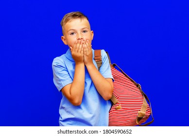 Young Scared Schoolboy Wears T Shirt Backpack Isolated On Blue Background Children Studio Portrait Lifestyle Concept.