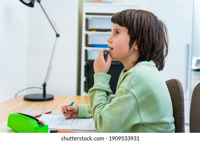 Young School Boy Doing His Homework Sitting At The Table At Home. Concentrated Child Thinking Over A Task With Pleasure. Homeschooliong Education.