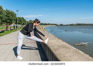 Young School Or College University Student Fit Teen Girl Morning Routine Of Exercising Outdoor. Fitness Female Morning Workout Training For Healthy Life Before Study Time.