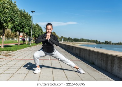 Young School Or College University Student Fit Teen Girl Morning Routine Of Exercising Outdoor. Fitness Female Morning Workout Training For Healthy Life Before Study Time.