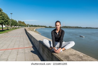 Young School Or College University Student Fit Teen Girl Morning Routine Of Exercising Outdoor. Fitness Female Morning Workout Training For Healthy Life Before Study Time.