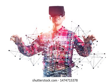 Young Scientist Wearing VR Goggles Working In Cyberspace. Guy In Checkered Shirt Modeling And Simulation Complex Systems. Future Technologies And New Interactive World. Mixed Media With 3d Objects.