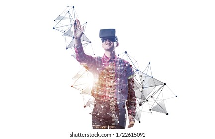 Young Scientist Wearing VR Goggles Working In Cyberspace. Guy In Checkered Shirt Modeling And Simulation Complex Systems. Future Technologies And New Interactive World. Mixed Media With 3d Objects.