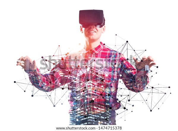 Young scientist wearing VR goggles working in cyberspace. Guy in checkered shirt modeling and simulation complex systems. Future technologies and new interactive world. Mixed media with 3d objects.