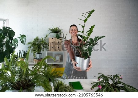 Similar – Woman in work wear in her workshop by table with handmade items