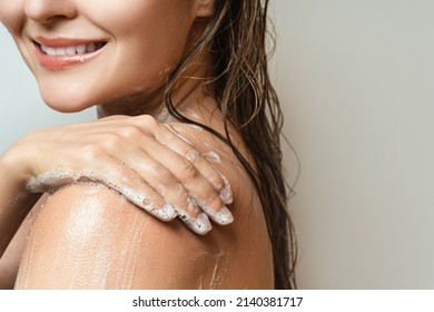 Young Sensual Woman Washing Her Body With Shower Gel