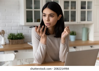 Young serious Asian woman talking on speakerphone solve business from home, discuss personal issues distantly, share voicemail use modern tech, formal conversation by phonecall via loudspeaker concept