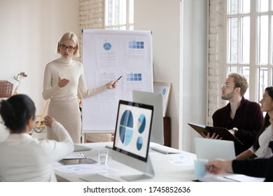 Young Serious Blonde Female Trainer Coach Mentor Giving Education Lecture To Motivated Diverse Employees In Modern Office. Millennial Speaker In Eyeglasses Explaining Marketing Strategy To Colleagues.