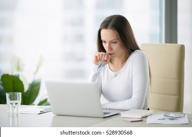 Young Serious Businesswoman Working At The Modern Office Desk With Laptop, Nervous Breakdown, Waiting For Interview, Exam, Medical Test Result, Financial Issues Anxiety, Single Woman Depression