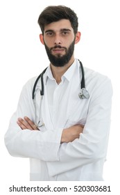 Young serious handsome bearded doctor with white coat and stethoscope.