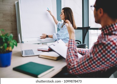 Young Serious Woman Showing Mock Up Board During Conversation With Male Employee In Office, Working Process Of Colleagues Using Flip Chart For Discussing Ideas During Cooperation On Startup Project