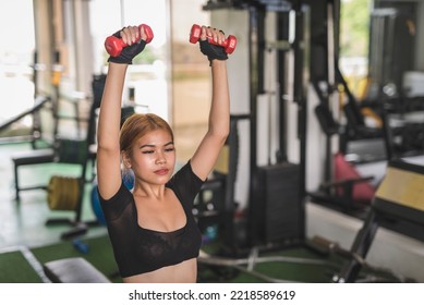 A Young And Sexy Asian Woman Does Seated Dumbbell Shoulder Presses On A Flat Bench At The Gym. Wearing A Black Crop Top And Bike Shorts.