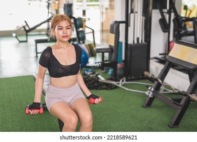 A Young And Sexy Asian Woman Does Seated Dumbbell Bicep Curls On A Flat Bench At The Gym. Wearing A Black Crop Top And Bike Shorts.