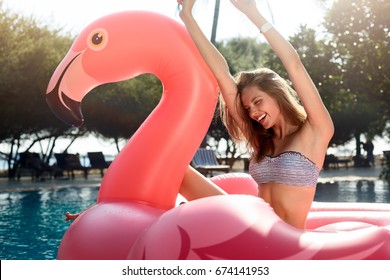 Young and sexy girl having fun and laughing on an inflatable giant pink flamingo pool float mattress in a bikini. Attractive tanned woman lies in the sun on vacation