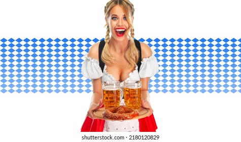 Young sexy Oktoberfest girl waitress, wearing a traditional Bavarian or german dirndl, serving big beer mugs with drink isolated on white background.