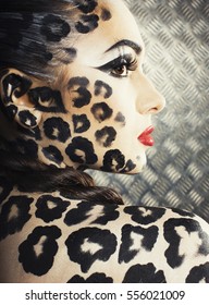 Young Sexy Woman With Leopard Make Up All Over Body, Cat Bodyart