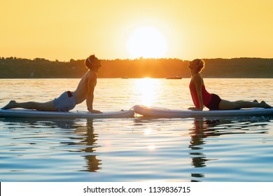 young sexy woman man girl are doing yoga on a stand up paddle board SUP on a beautiful lake sea water