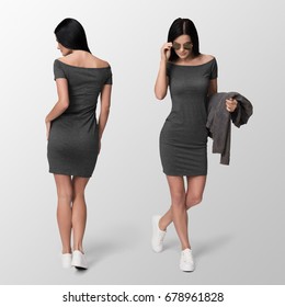 Young Sexy Woman In Slim Short Dress, Isolated, Front And Back, Mockup