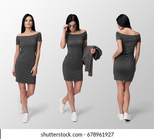 Young Sexy Woman In Slim Short Dress, Isolated, Front And Back, Mockup