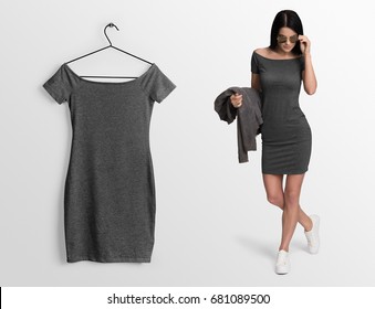 Young Sexy Woman In Slim Short Dress, Isolated,  Mockup. Heather Grey Dress Mockup On Hanger, Hanging Against Empty Wall Background.