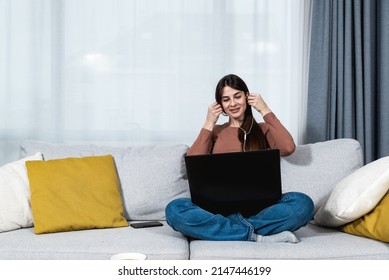 Young Sick College Student Woman Sitting At Home And Preparing For Online Class Over The Video Conference Call On Her Laptop Computer. Online Internet Business Education, Health Care Concept.