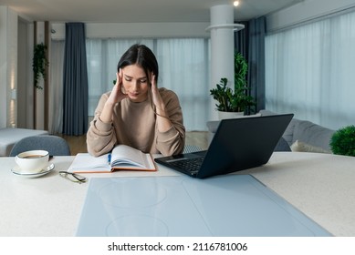 Young Sick Stressed College Student Woman Sitting At Home And Preparing For Online Class Over The Video Conference Call On Her Laptop Computer. Online Internet Education, Health Care Concept.