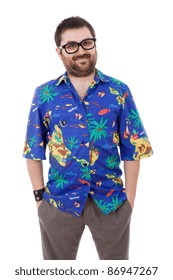 Young Silly Man With A Hawaiian Shirt, Isolated