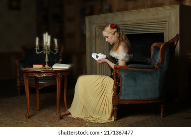 Young Singer Woman With Phantom Mask In Retro Interior, Portrait