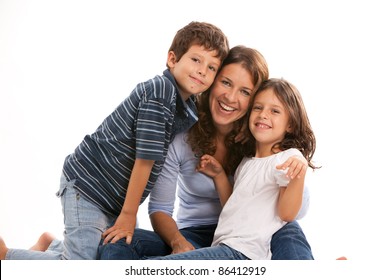 Young Single Parent Family Having Fun Isolated On A White Background.