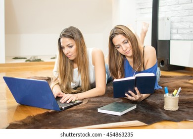 Young sisters preparing for exams using laptop and books in apartment interior.