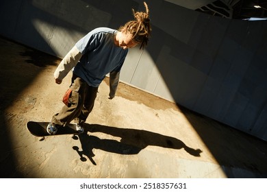 Young skateboarder with dreadlocks wearing casual attire riding skateboard on sunlit urban pavement with long shadow casting. Capturing active lifestyle and passion for skateboarding - Powered by Shutterstock