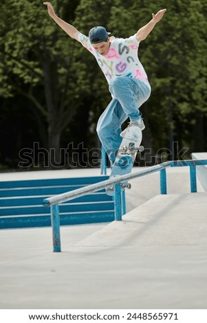 Similar – Image, Stock Photo Skateboarder performing a trick on a rail at a skatepark.