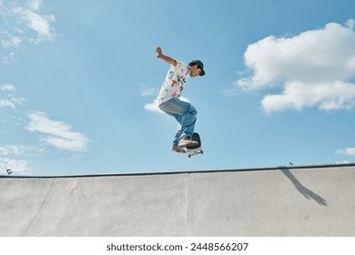 A young skater boy fearlessly riding a skateboard up the side of a ramp in a vibrant outdoor skate park on a sunny summer day. - Powered by Shutterstock