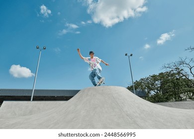 A young skater boy is fearlessly riding his skateboard up the side of a vert ramp at a skate park on a sunny summer day. - Powered by Shutterstock