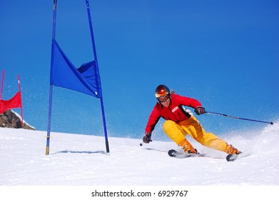 Young Ski Racer Doing Downhill Slalom