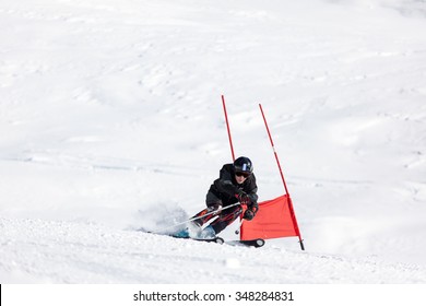 Young Ski Racer During A Slalom Competition.