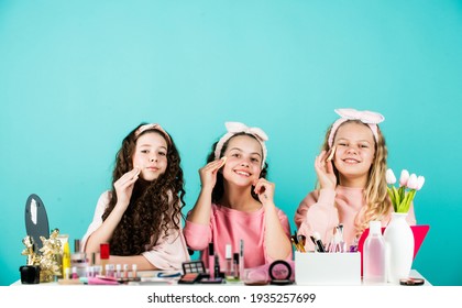 Young skin care. Beauty and fashion. Girls doing makeup together. Sisterhood happiness. Happy womens day. Cosmetics shop. Cleanse carefully. Kids makeup. Skin care concept. Cosmetics for children