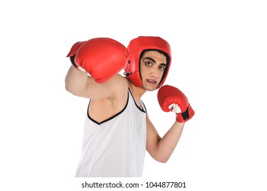 Young Skinny Boxer Beating By Hand Isolated On White