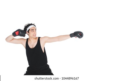 Young Skinny Boxer Preparing To Hit Isolated On White