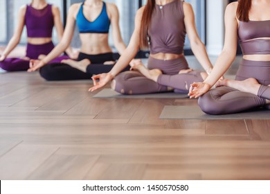 Young slim beautiful women yoga instructors do padmasana and meditate. Concept of body relaxation and spirituality. Ardha Padmasana exercise, meditating in Lotus pose with mudra gesture, yoga class - Shutterstock ID 1450570580