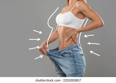 Young Slim Female Pulling Big Jeans And Showing Result Of Weight Loss With Drawn Silhouette Outlines And Arrows, Unrecognizable Sporty Woman In Oversized Clothes Demonstrating Body After Slimming