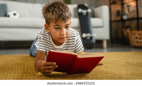 young small caucasian boy lying down on the carpet and read a book - Powered by Shutterstock