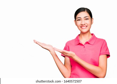 Young Smart Beautiful Asian Woman Wore Pink T Shirt,smiling And Confidence, Show Product Introduction Hand, Isolated On White Background