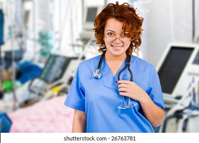 Young Smiley Female Physician In Intensive Care Unit