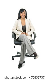 Young Smiling Black Woman Business Manager Sitting In Leather Office Chair