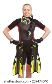 Young Smiling Blonde Woman Wearing A Wet Suit To Swim With Mask 