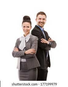 Young smiling business woman and business man isolated over white background - Shutterstock ID 177199979