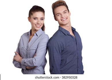 Young smiling business woman and business man isolated over white background - Shutterstock ID 382950328